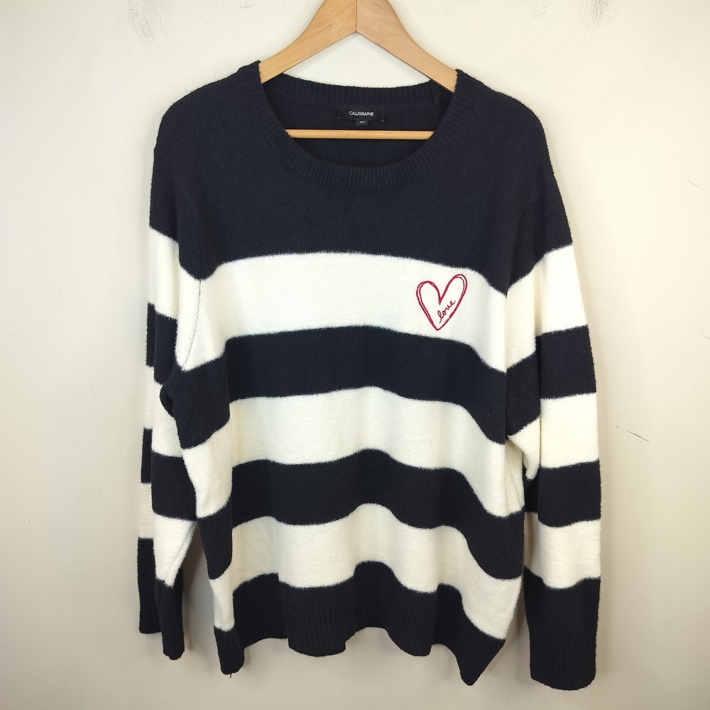 Calligraphie Striped Sweater Heart Embroidered 3X Soft Cozy Black White Pullover